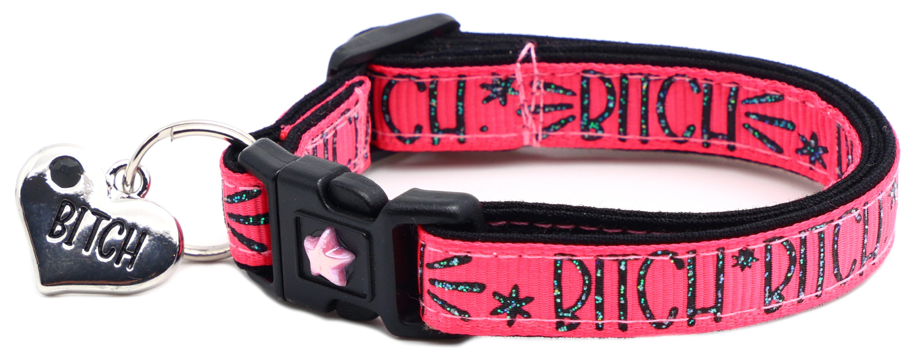 Bitch 2 Breakaway Cat Collar in reinforced cotton with breakaway clips and removable bell, available in various sizes.